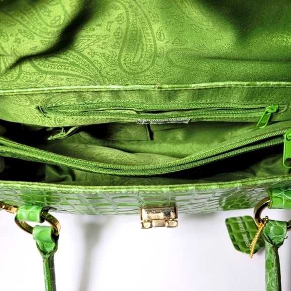 Genuine Leather Green Croc Embossed Handbag Shoulder Bag Satchel Vintage - Picture 3 of 16